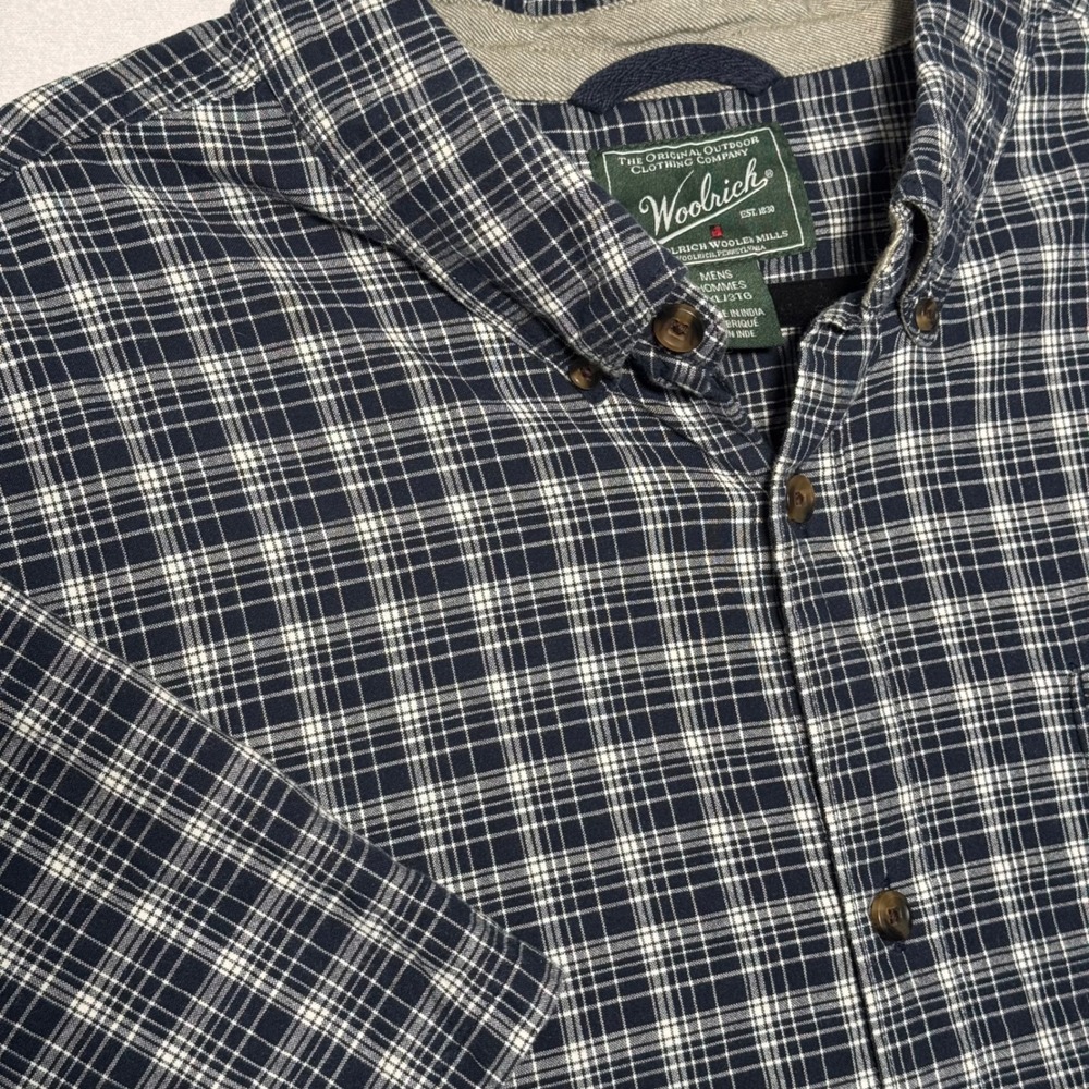 Woolrich Mens 3XL Plaid Woven Short Sleeve Button Down Shirt Navy Blue White